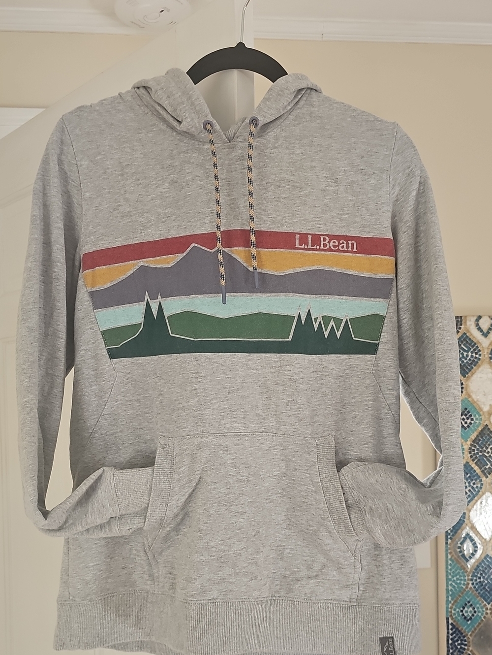 L.L. Bean Gray Hoodie with Multicolor Mountain Stripe Graphic